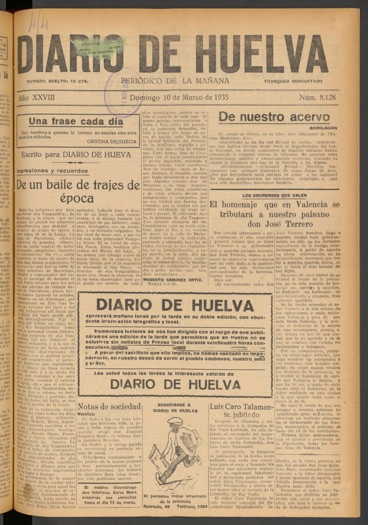 Miniatura de Diario de Huelva : periódico independiente del 10 de marzo de 1935