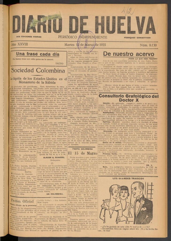Miniatura de Diario de Huelva : periódico independiente del 12 de marzo de 1935