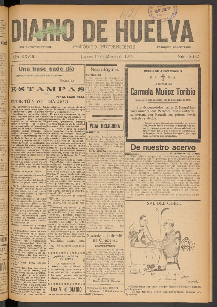 Miniatura de Diario de Huelva : periódico independiente del 14 de marzo de 1935