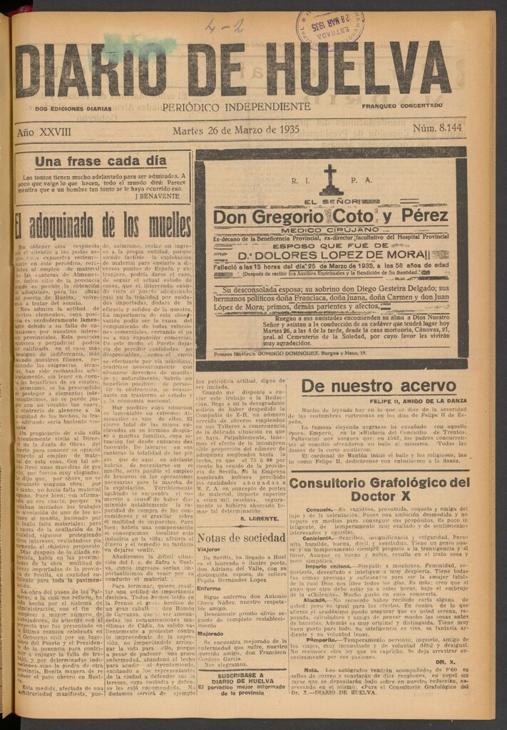 Miniatura de Diario de Huelva : periódico independiente del 26 de marzo de 1935