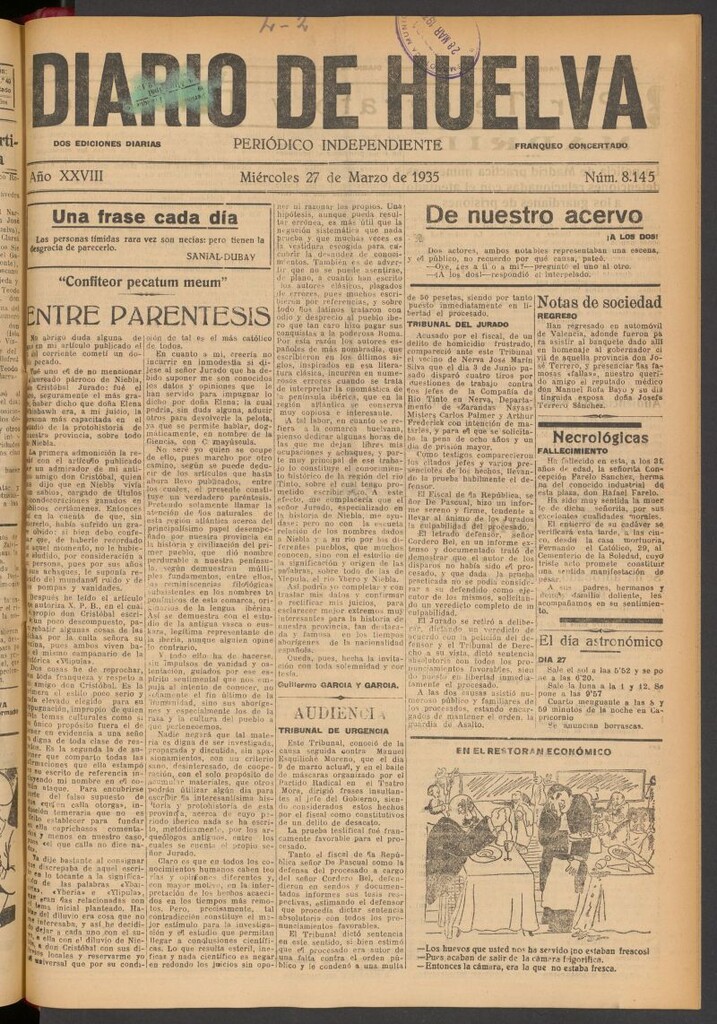 Miniatura de Diario de Huelva : periódico independiente del 27 de marzo de 1935