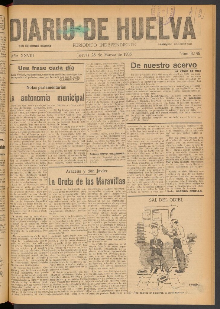 Miniatura de Diario de Huelva : periódico independiente del 28 de marzo de 1935