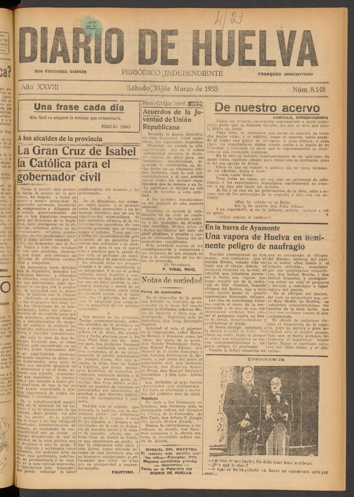 Miniatura de Diario de Huelva : periódico independiente del 30 de marzo de 1935