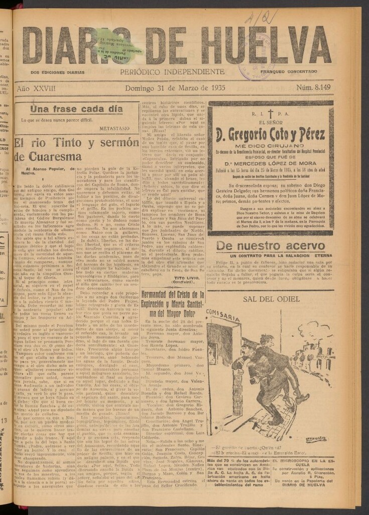 Miniatura de Diario de Huelva : periódico independiente del 31 de marzo de 1935
