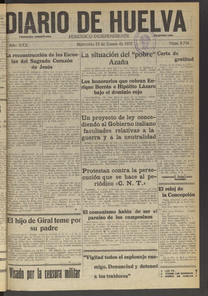 Miniatura de Diario de Huelva : periódico independiente del 13 de enero de 1937