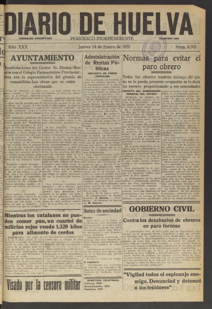 Miniatura de Diario de Huelva : periódico independiente del 14 de enero de 1937