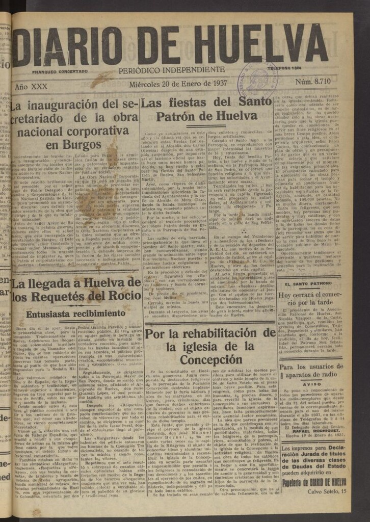 Miniatura de Diario de Huelva : periódico independiente del 20 de enero de 1937