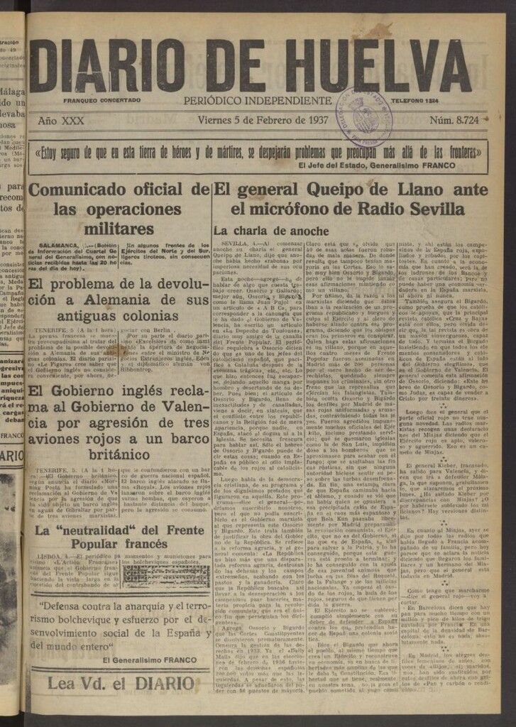 Miniatura de Diario de Huelva : periódico independiente del 5 de febrero de 1937