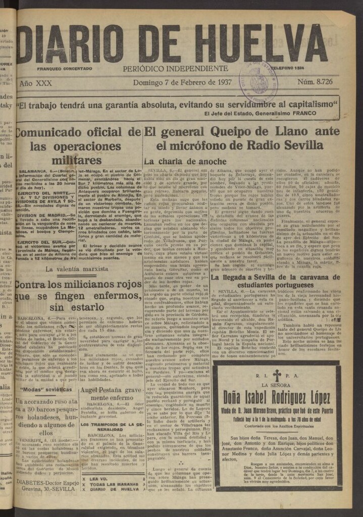 Miniatura de Diario de Huelva : periódico independiente del 7 de febrero de 1937
