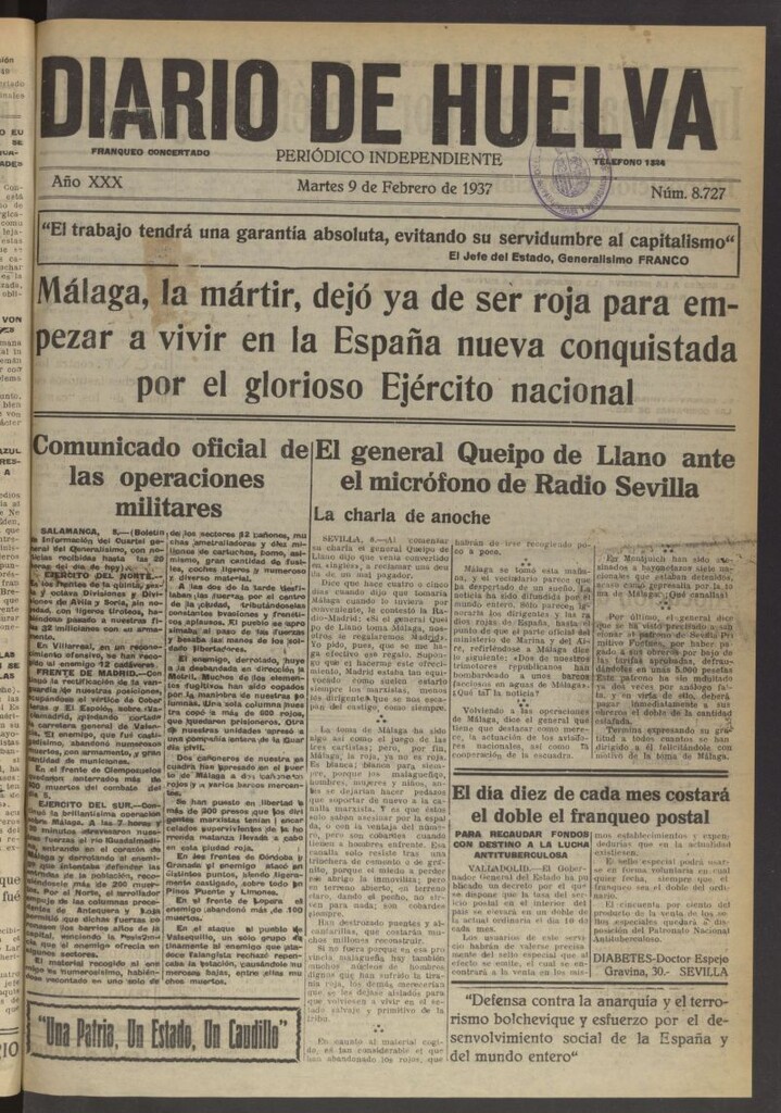 Miniatura de Diario de Huelva : periódico independiente del 9 de febrero de 1937
