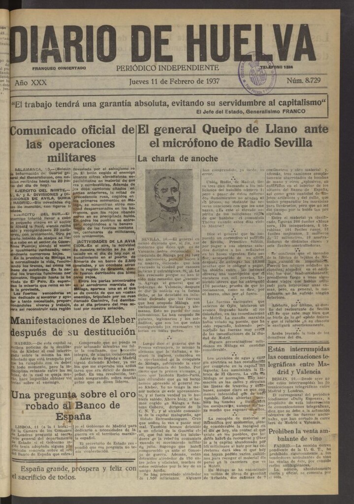 Miniatura de Diario de Huelva : periódico independiente del 11 de febrero de 1937