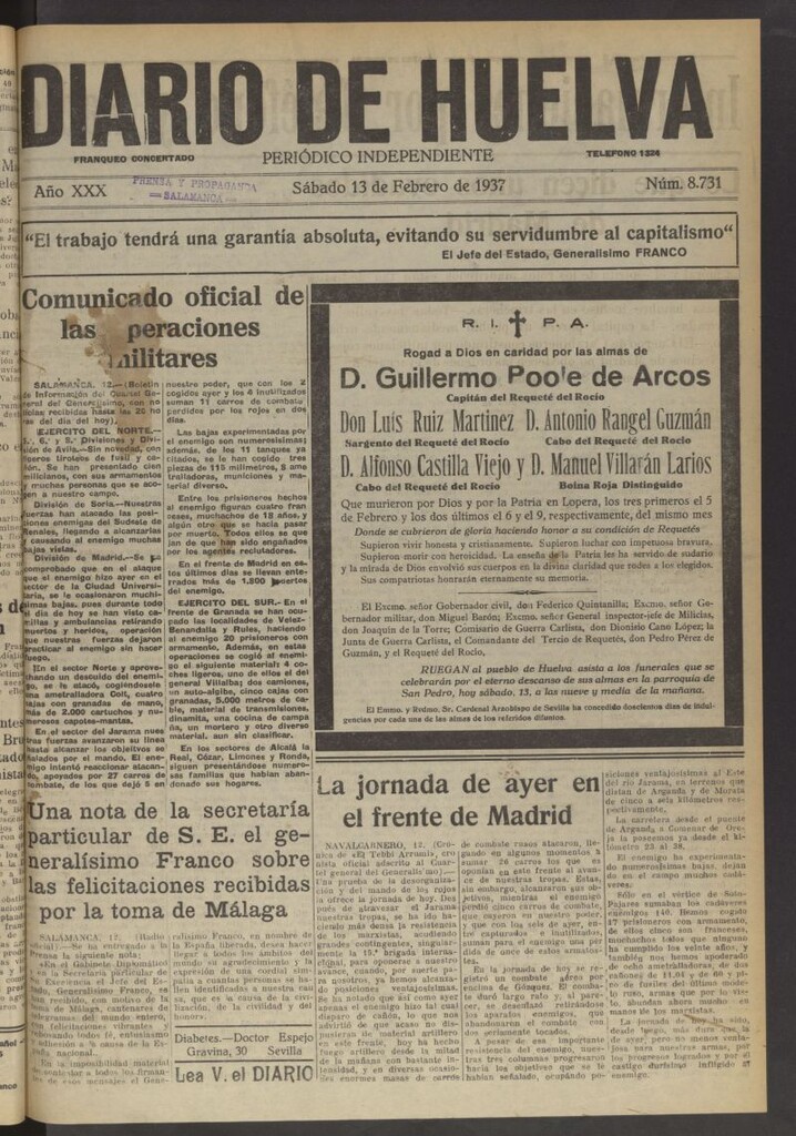 Miniatura de Diario de Huelva : periódico independiente del 13 de febrero de 1937