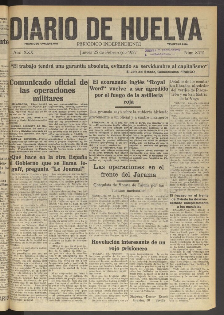 Miniatura de Diario de Huelva : periódico independiente del 25 de febrero de 1937