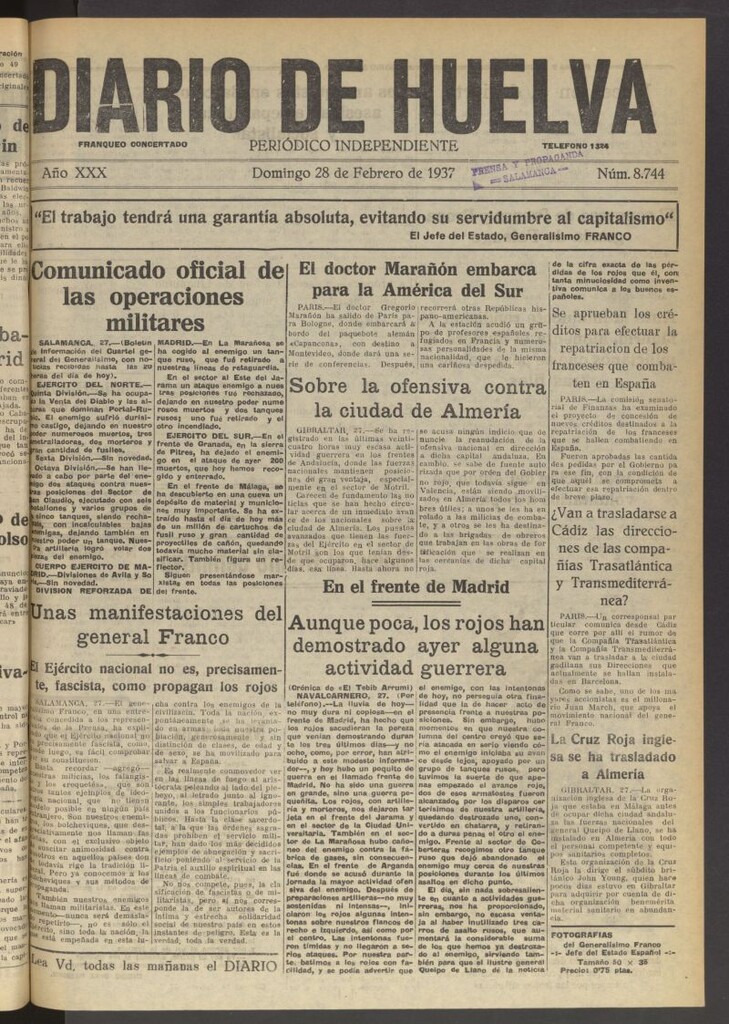 Miniatura de Diario de Huelva : periódico independiente del 28 de febrero de 1937