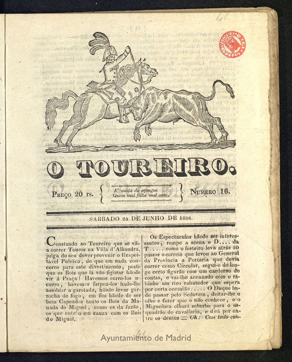 Miniatura de O Toureiro del 25 de junio de 1836, nº 16