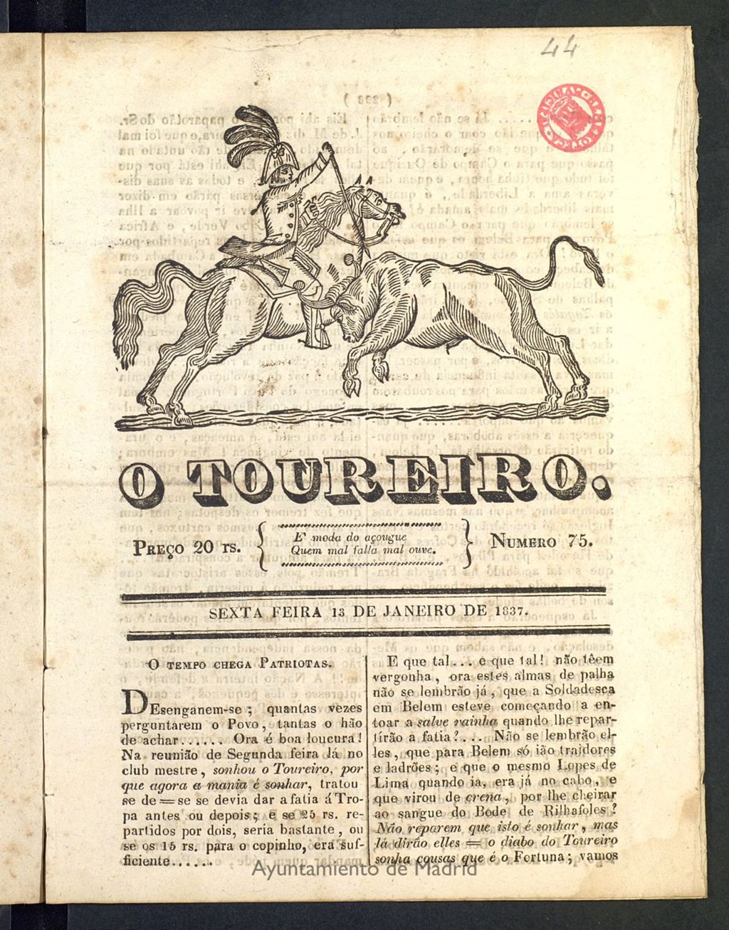 Miniatura de O Toureiro del 13 de enero de 1837, nº 75
