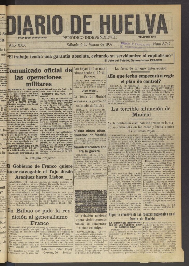 Miniatura de Diario de Huelva : periódico independiente del 6 de marzo de 1937