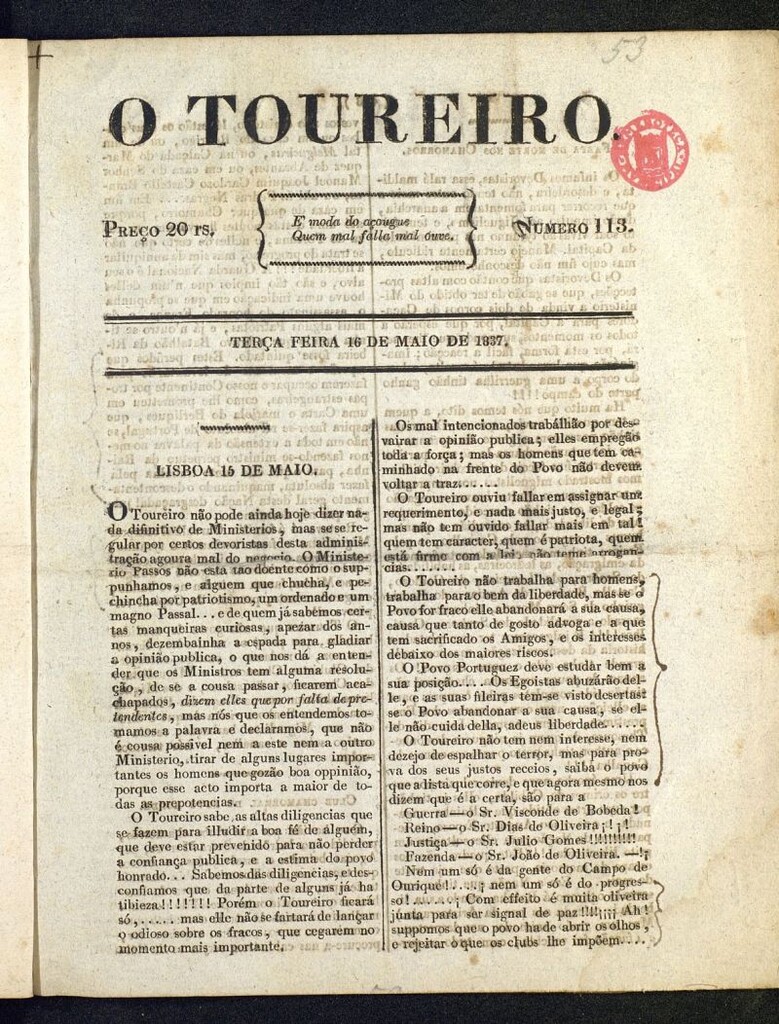 Miniatura de O Toureiro del 16 de mayo de 1837, nº 113