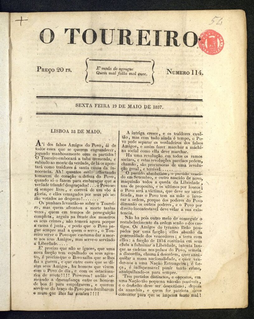 Miniatura de O Toureiro del 19 de mayo de 1837, nº 114