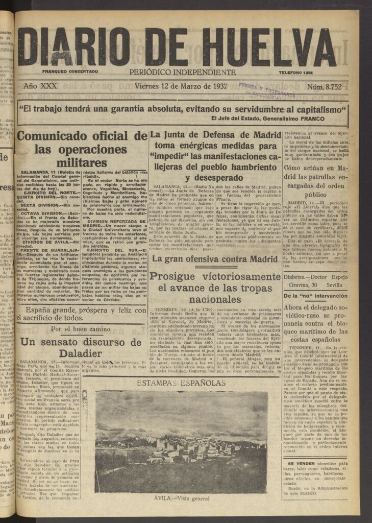 Miniatura de Diario de Huelva : periódico independiente del 12 de marzo de 1937