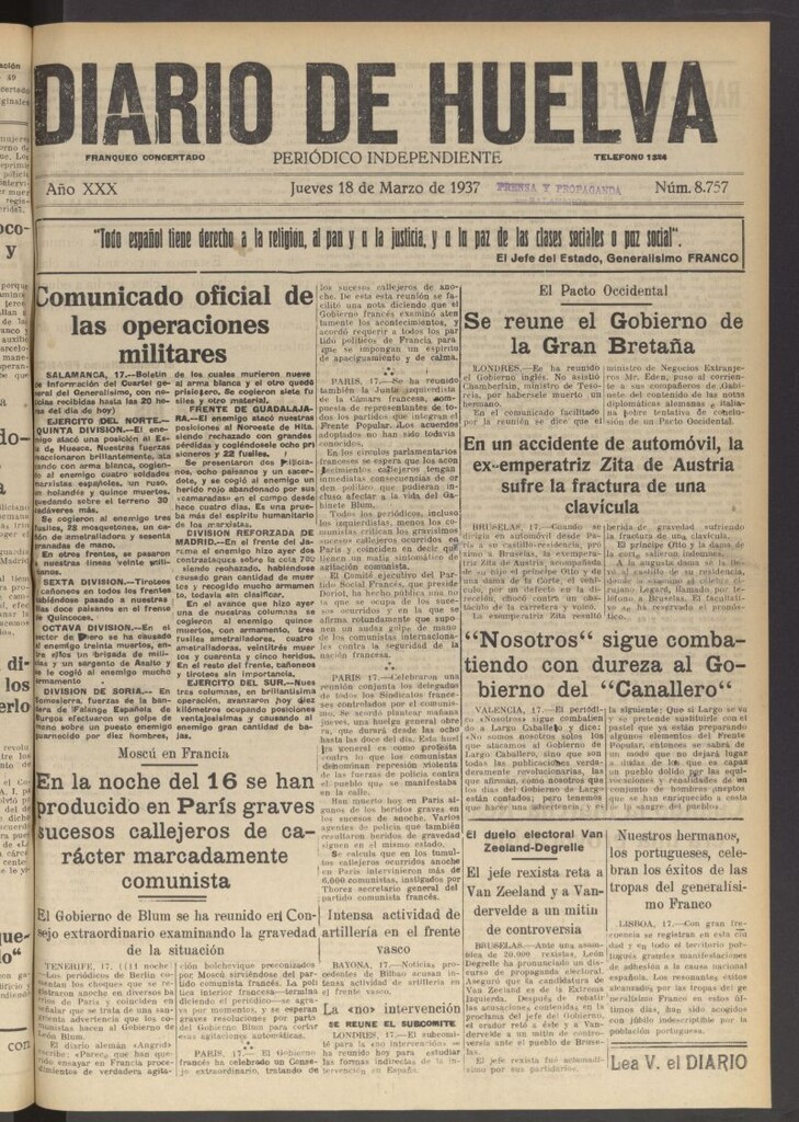 Miniatura de Diario de Huelva : periódico independiente del 18 de marzo de 1937