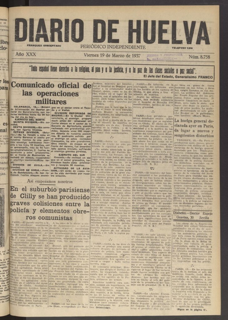 Miniatura de Diario de Huelva : periódico independiente del 19 de marzo de 1937