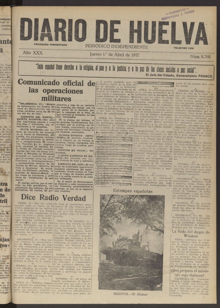 Miniatura de Diario de Huelva : periódico independiente del 1 de abril de 1937