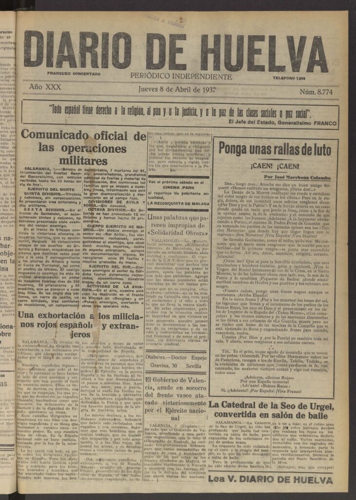 Miniatura de Diario de Huelva : periódico independiente del 8 de abril de 1937