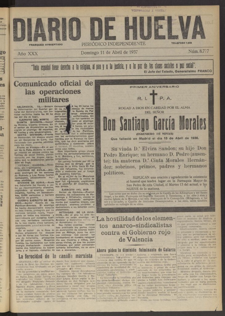 Miniatura de Diario de Huelva : periódico independiente del 11 de abril de 1937