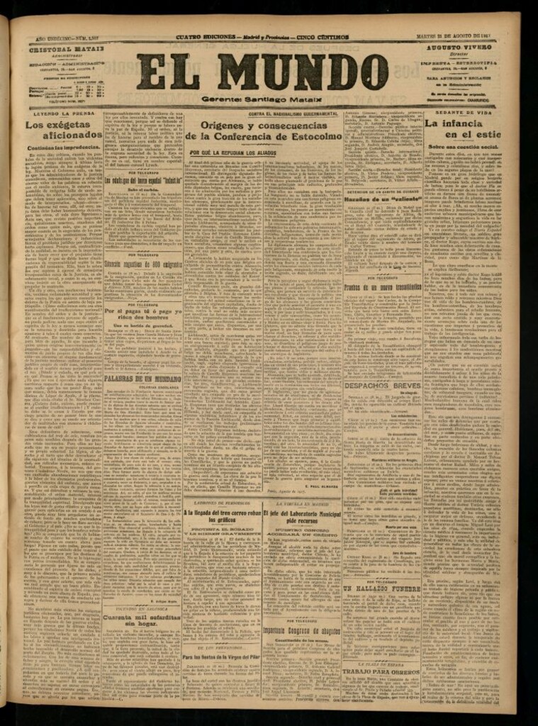 Miniatura de El Mundo del 21 de agosto de 1917 (edición de provincias)