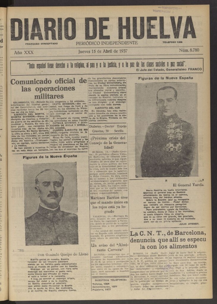Miniatura de Diario de Huelva : periódico independiente del 15 de abril de 1937