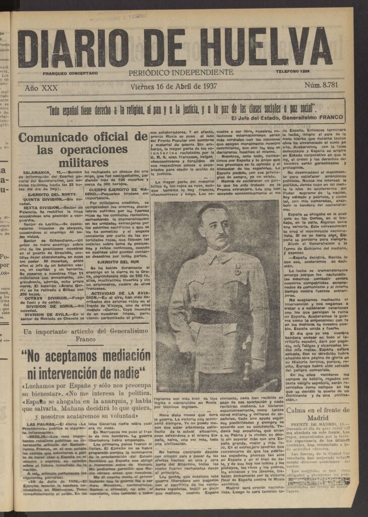 Miniatura de Diario de Huelva : periódico independiente del 16 de abril de 1937