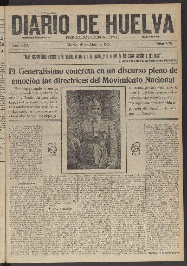 Miniatura de Diario de Huelva : periódico independiente del 20 de abril de 1937
