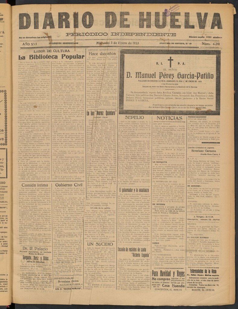 Miniatura de Diario de Huelva : periódico independiente del 3 de enero de 1923