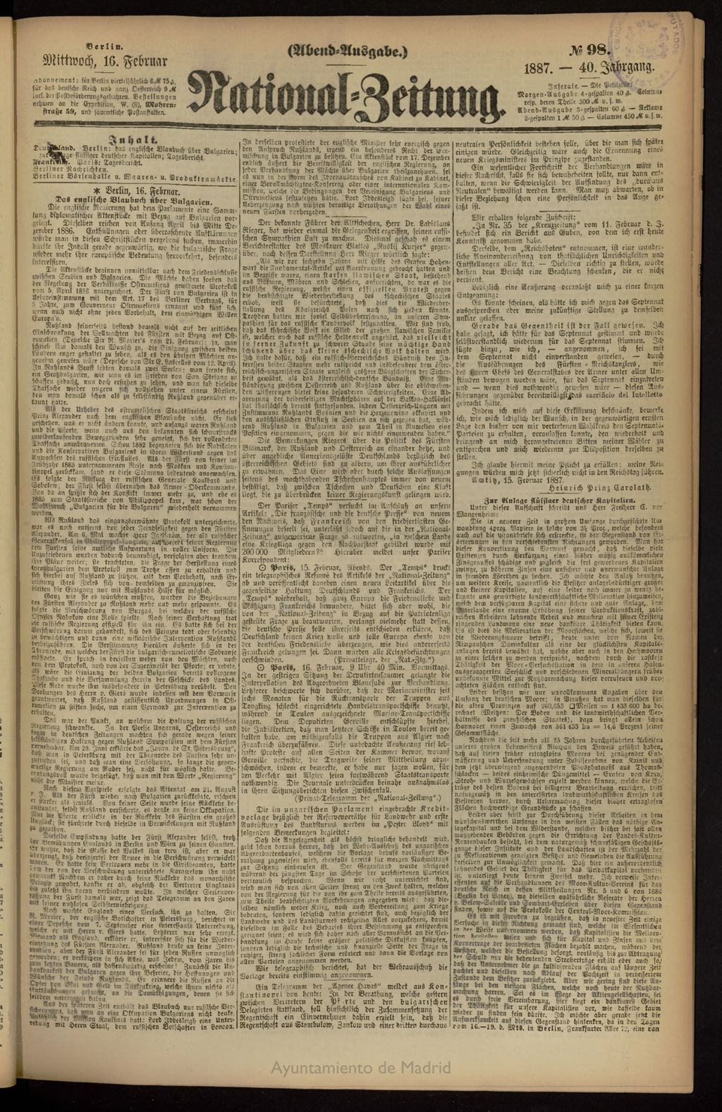 Miniatura de National Zeitung del 16 de febrero de 1887, nº 98