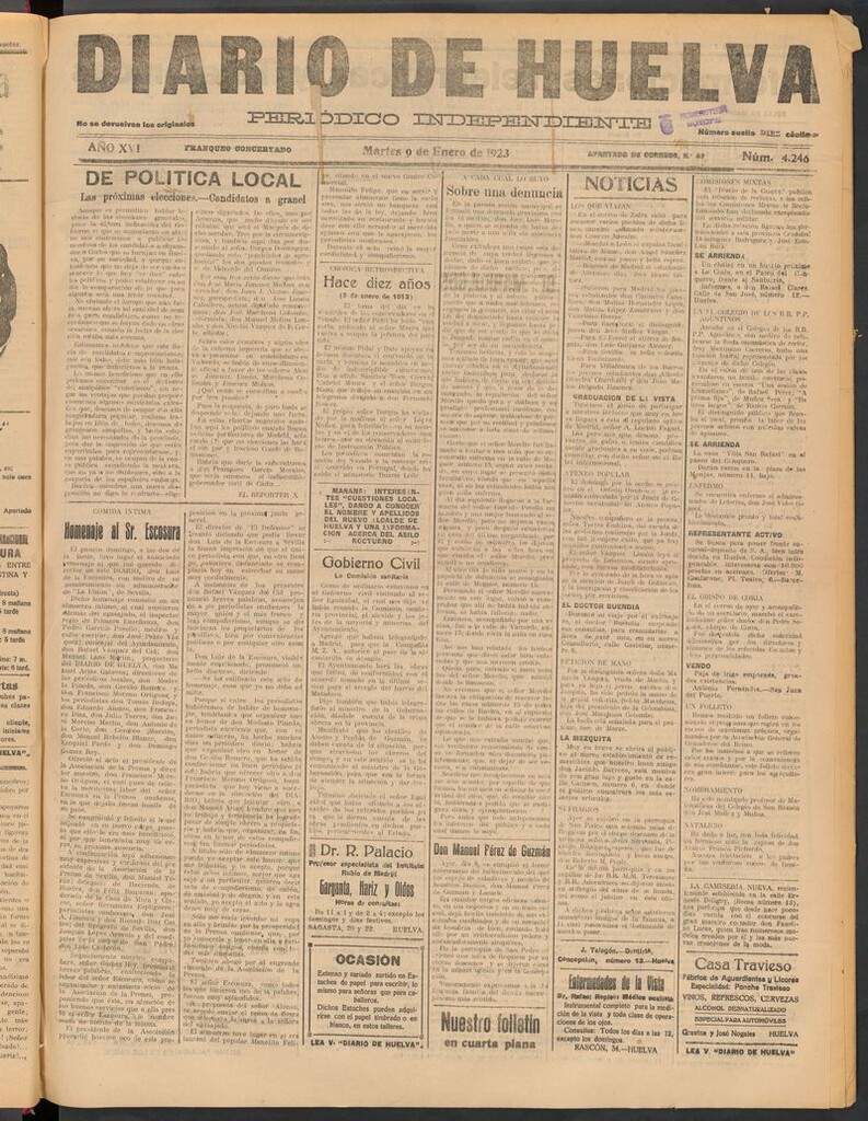 Miniatura de Diario de Huelva : periódico independiente del 9 de enero de 1923