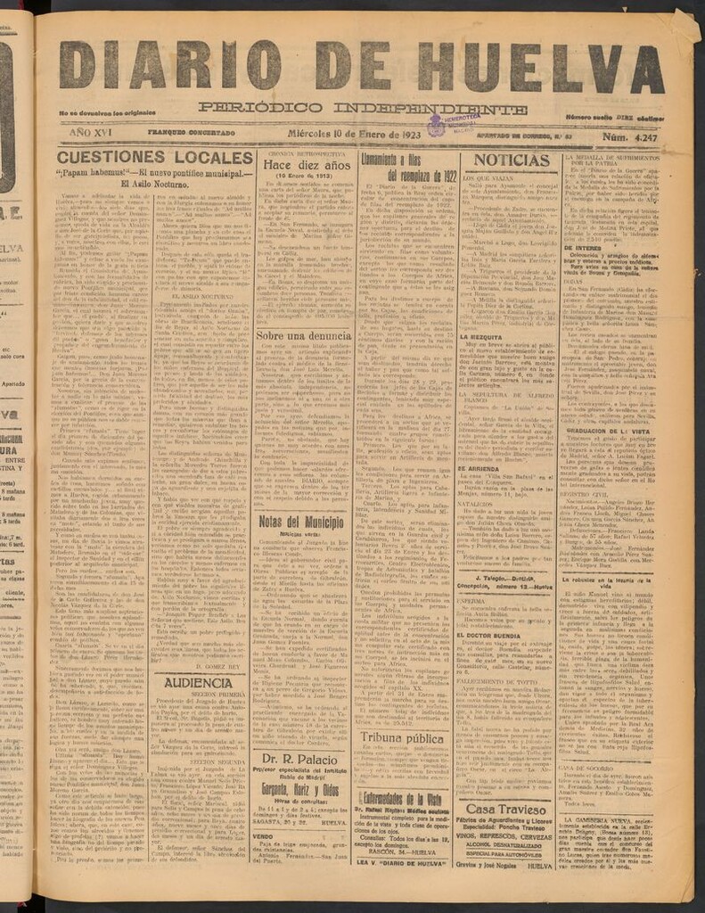 Miniatura de Diario de Huelva : periódico independiente del 10 de enero de 1923