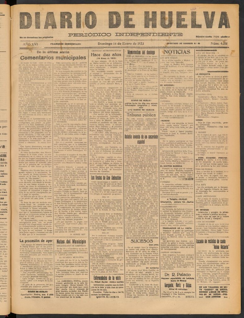 Miniatura de Diario de Huelva : periódico independiente del 14 de enero de 1923