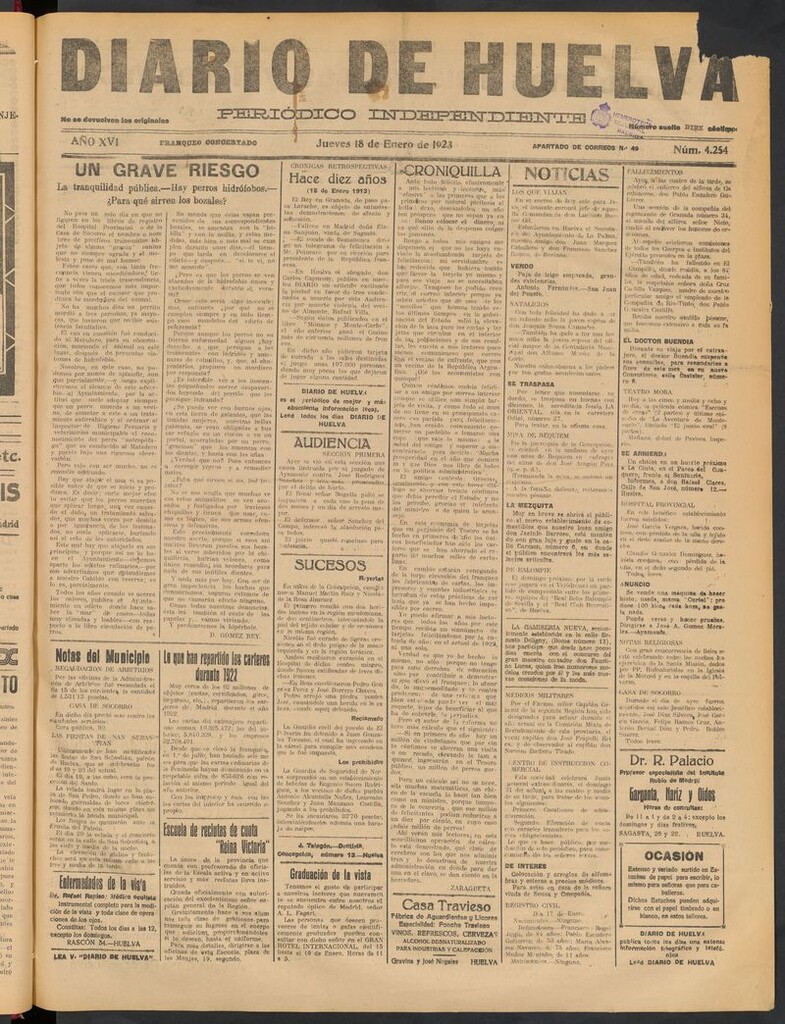 Miniatura de Diario de Huelva : periódico independiente del 18 de enero de 1923
