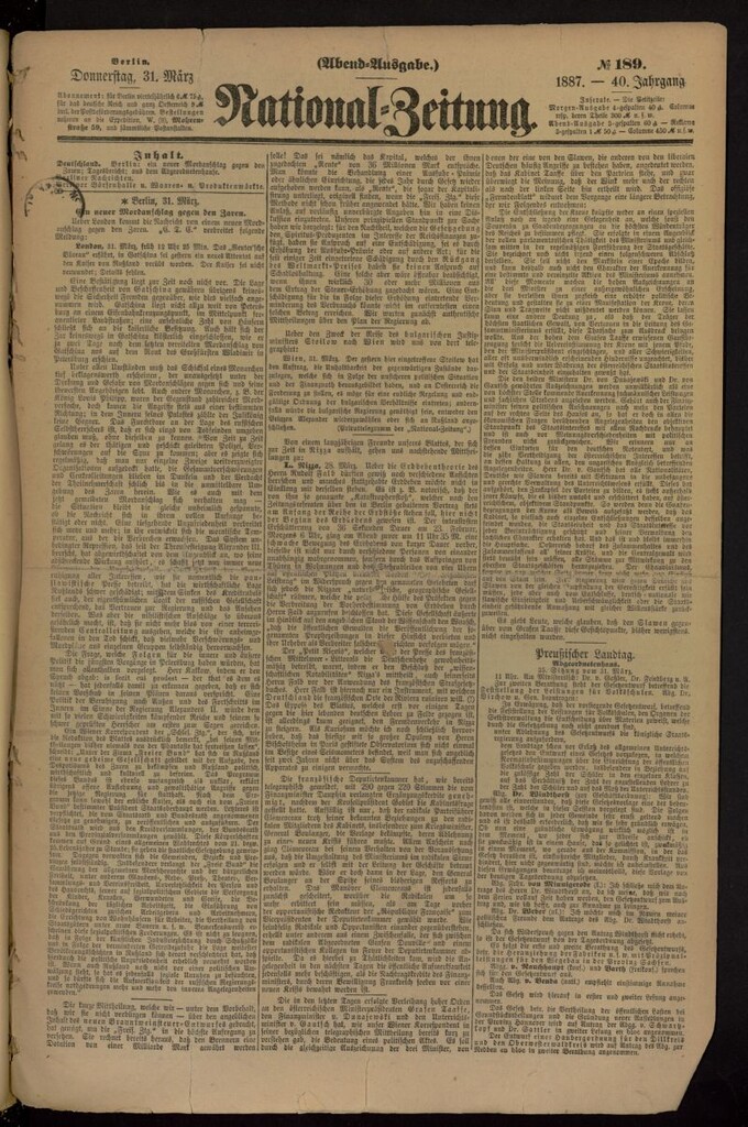 Miniatura de National Zeitung del 31 de marzo de 1887, nº 189