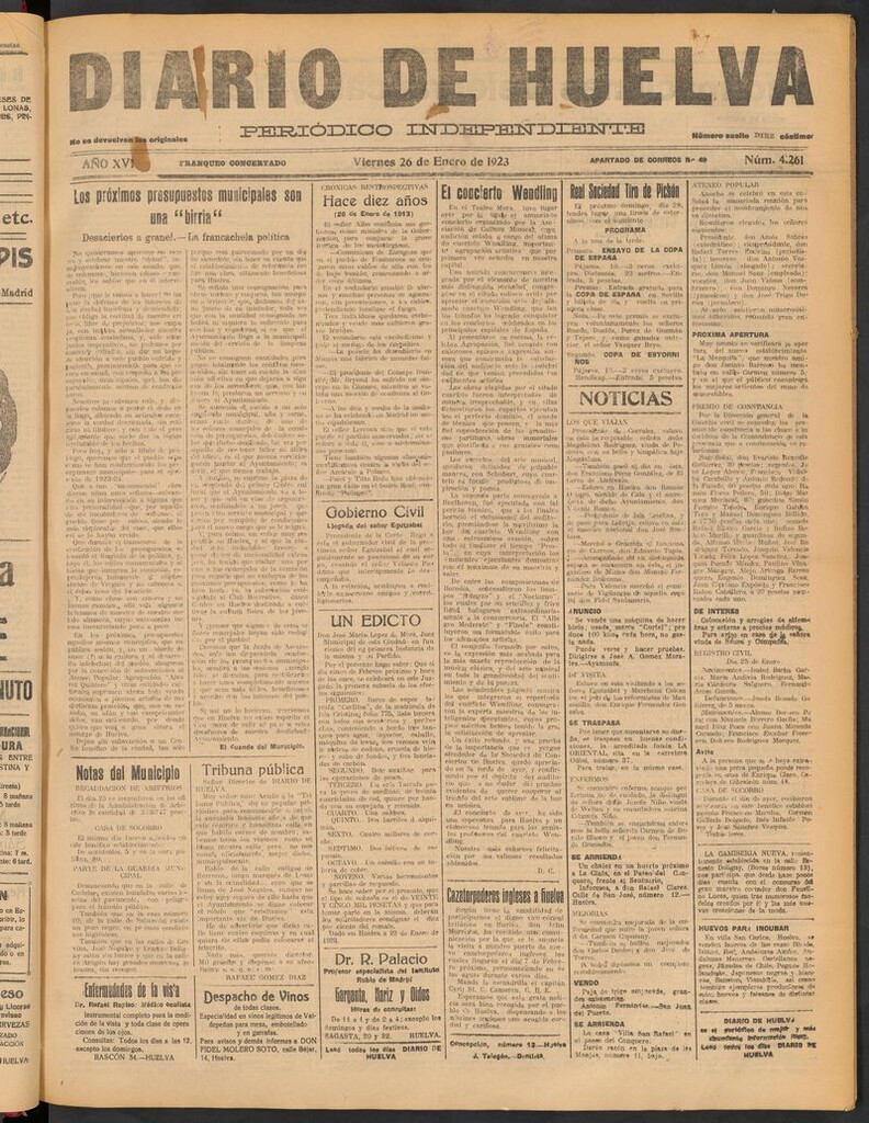 Miniatura de Diario de Huelva : periódico independiente del 26 de enero de 1923