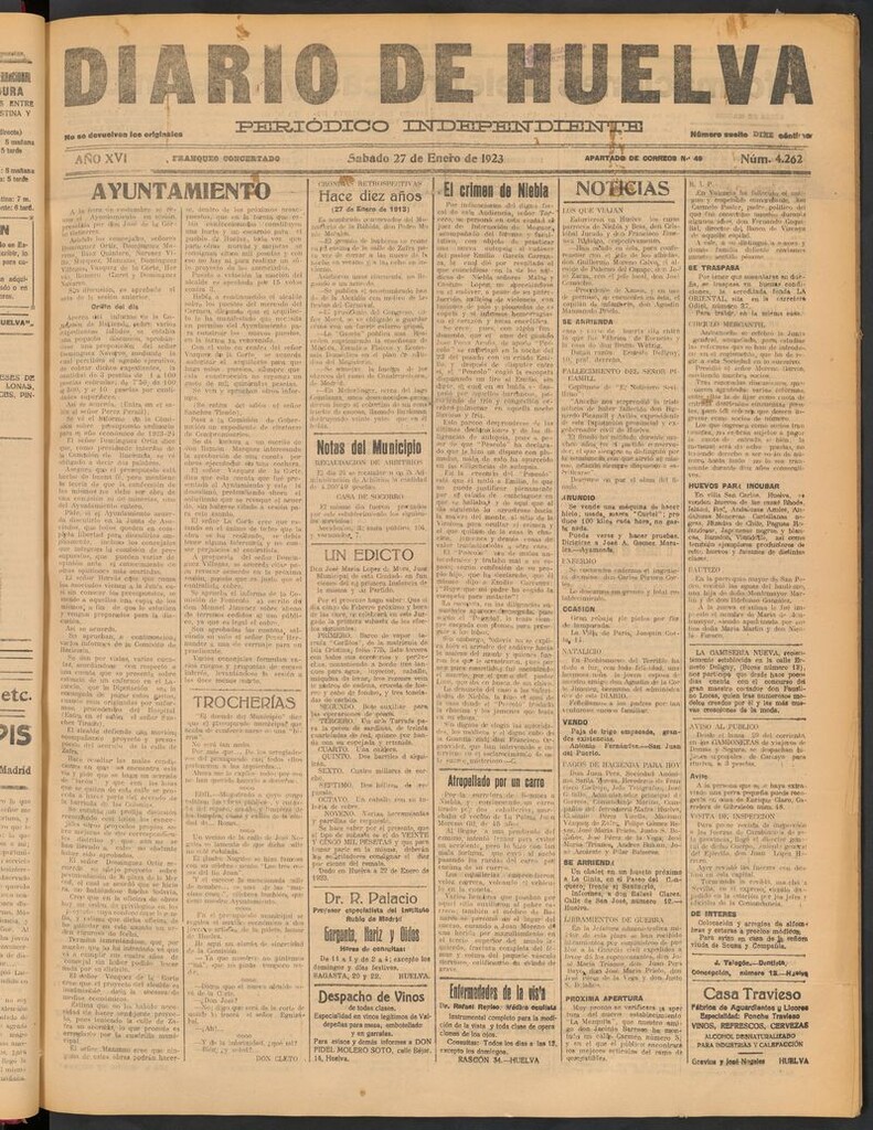 Miniatura de Diario de Huelva : periódico independiente del 27 de enero de 1923
