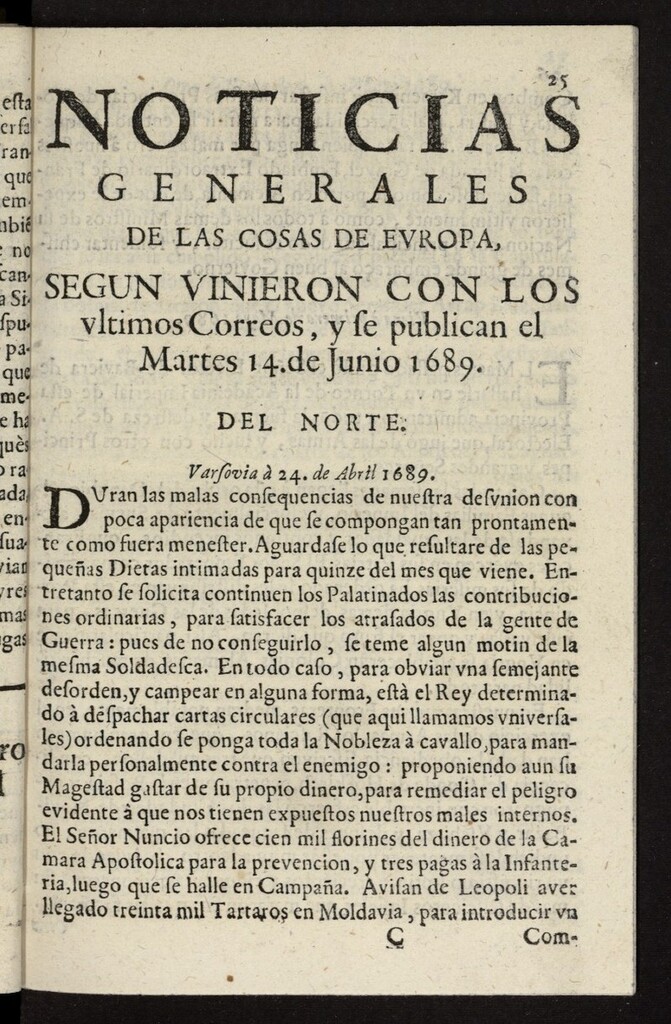 Miniatura de Noticias generales de las cosas de Europa : segun vinieron con los ultimos Correos del 14 de junio de 1689