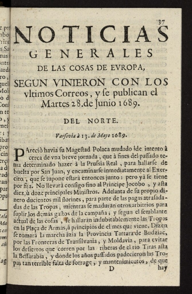 Miniatura de Noticias generales de las cosas de Europa : segun vinieron con los ultimos Correos del 28 de junio de 1689
