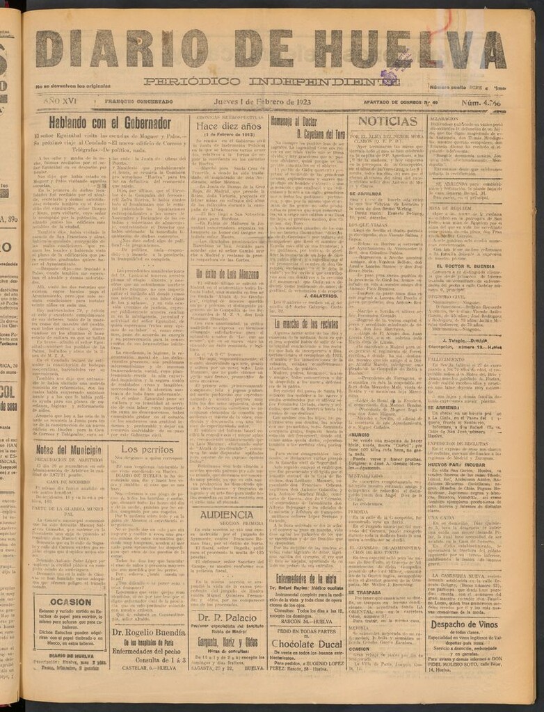 Miniatura de Diario de Huelva : periódico independiente del 1 de febrero de 1923