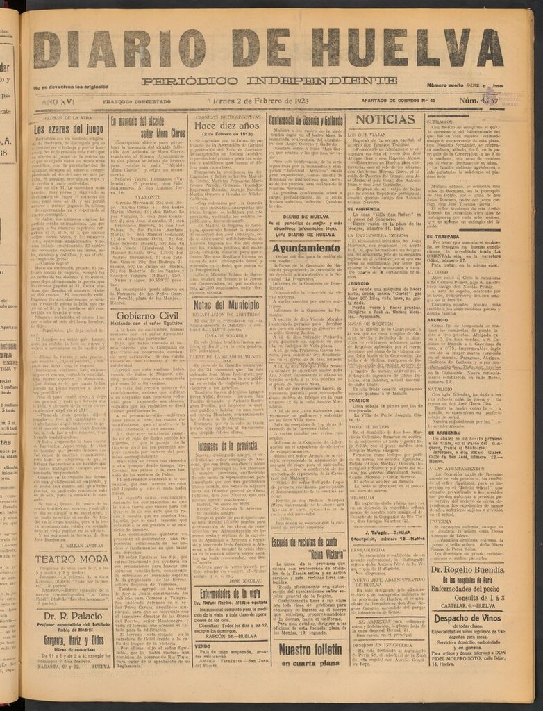 Miniatura de Diario de Huelva : periódico independiente del 2 de febrero de 1923