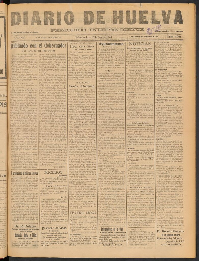 Miniatura de Diario de Huelva : periódico independiente del 3 de febrero de 1923