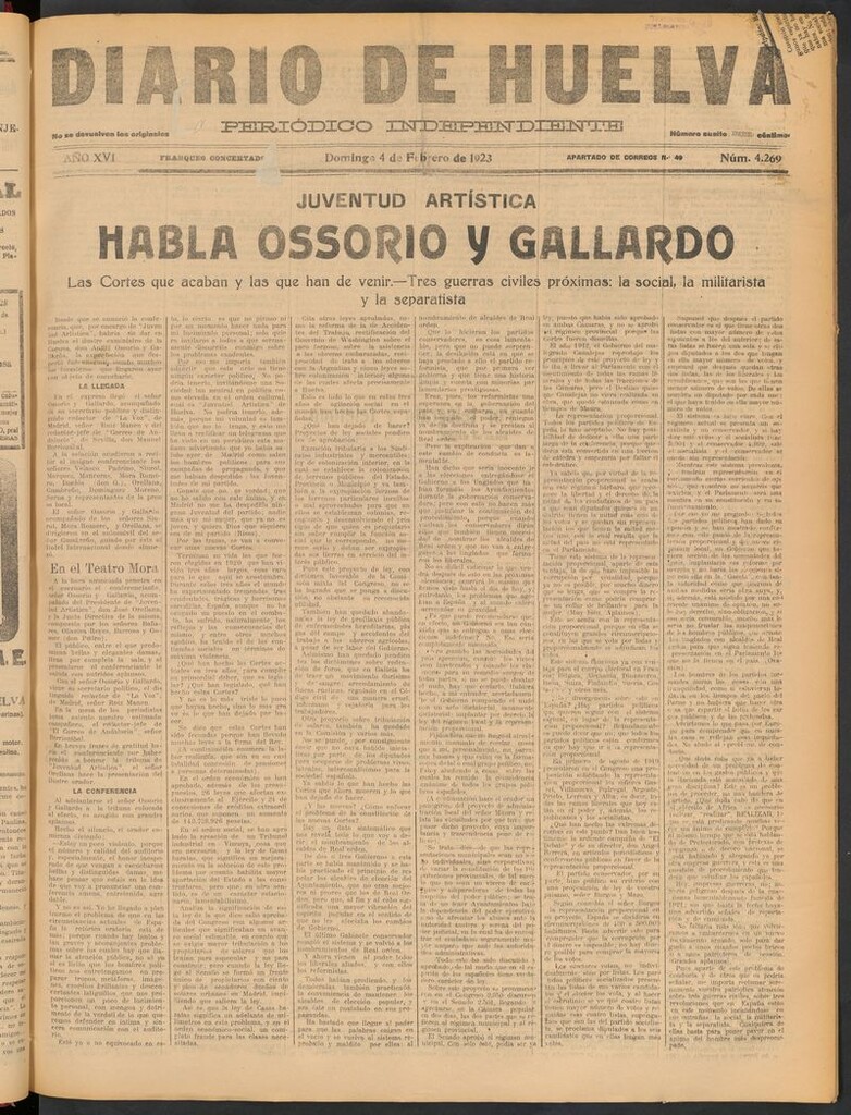 Miniatura de Diario de Huelva : periódico independiente del 4 de febrero de 1923