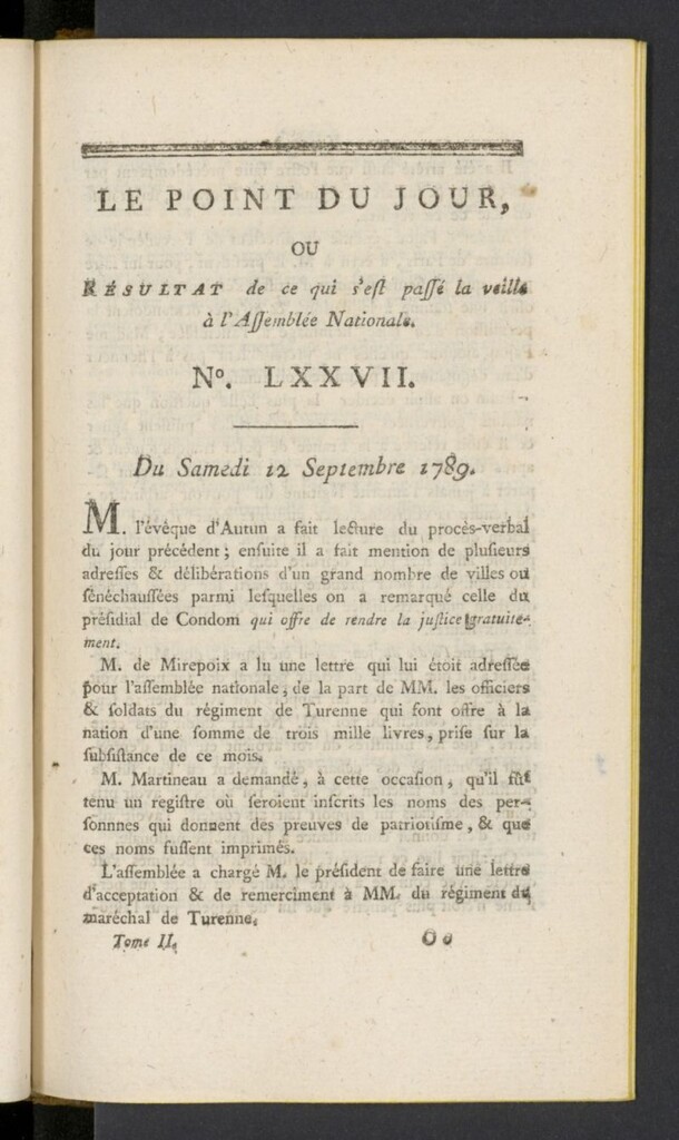 Miniatura de Point du Jour del 12 de septiembre de 1789, nº 77