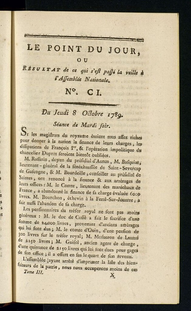 Miniatura de Le Point du Jour : ou Résultat de ce qui s´est passé la veille à l´Assemble Nationale du jeudi 8 octobre 1789. Nº 101